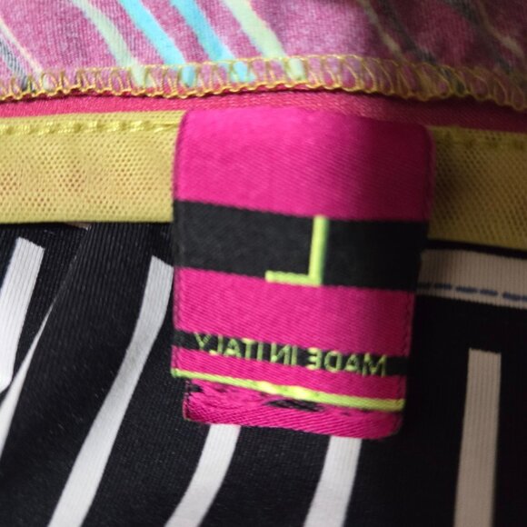 Vintage Save The Queen Top blouse size L Abstract Print Mesh Sleeves Stretch - Picture 12 of 13